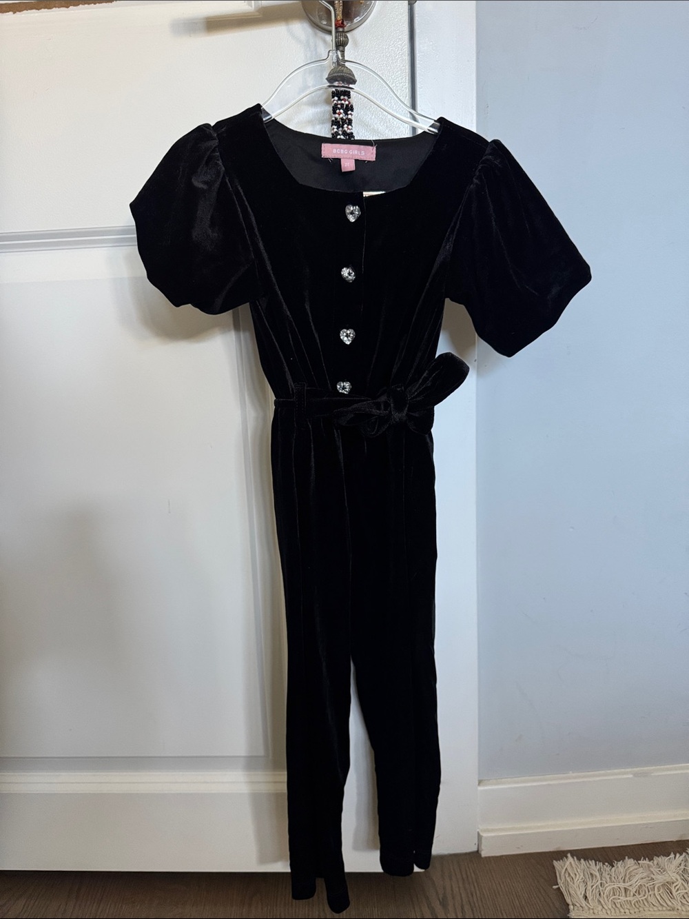 BCBGGIRLS 2T Black Velvet Puff-Sleeve Jumpsuit with Heart Buttons